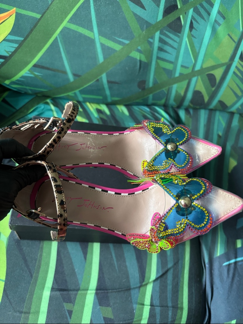 Betsey Johnson Leopard Print Strappy Heels with Rainbow Stripe Heel - Picture 6 of 15